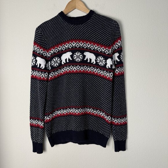 Aspen‎ Navy Polar Bear Fair Isle Sweater Mens Small Holiday Winter Cozy - Picture 1 of 7
